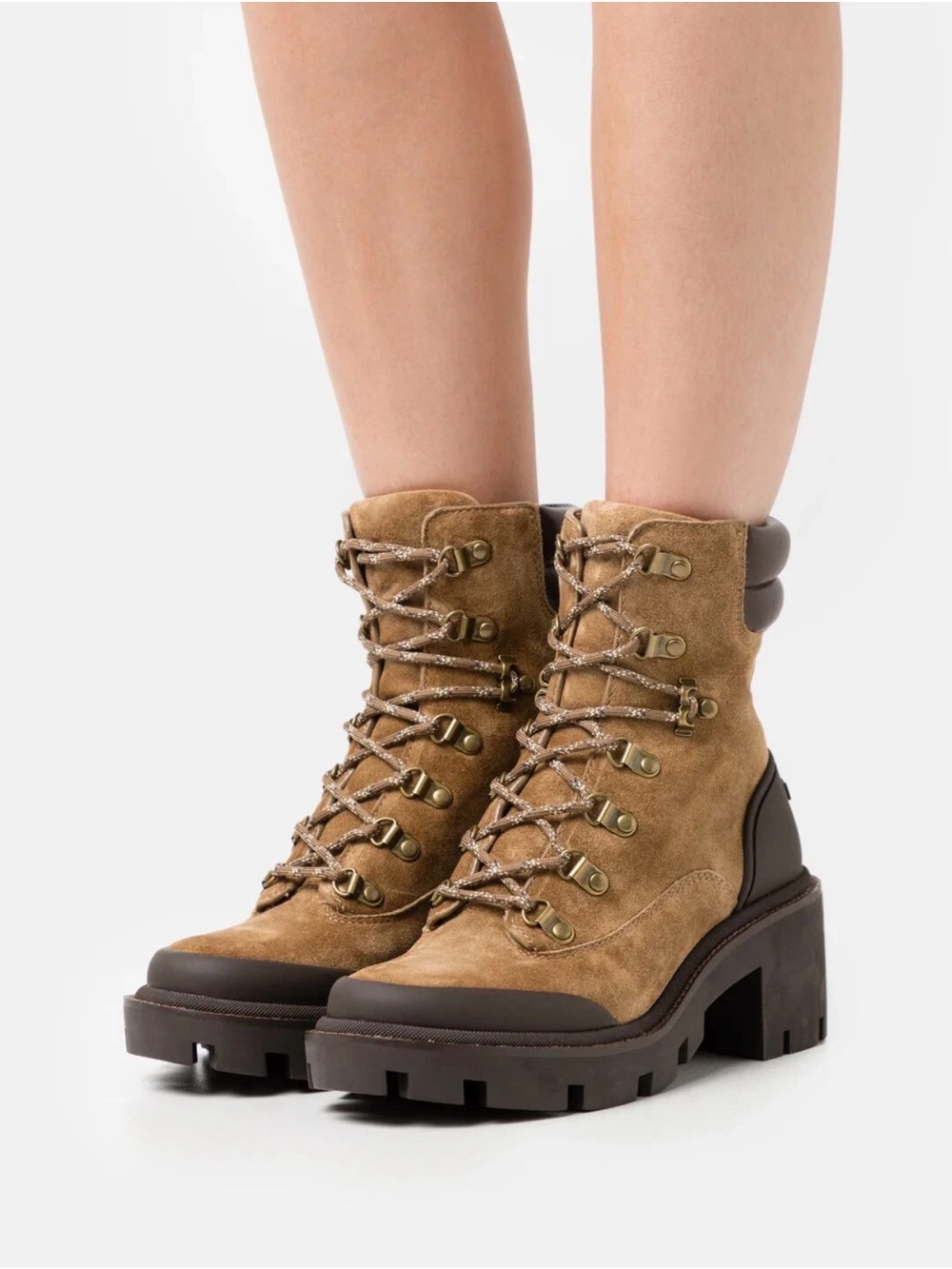 Tory Burch Tan Suede Lug Hiking Boots with Dark Brown Accents Size 10